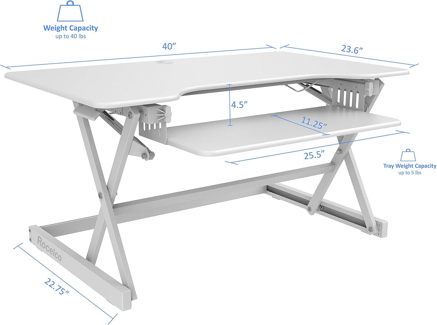 Rocelco 40" Large Height Adjustable Standing Desk Converter with Dual Monitor Stand BUNDLE - Quick Sit Stand Up Computer Workstation Riser - Retractable Keyboard Tray - White (R DADRW-40-DMS)