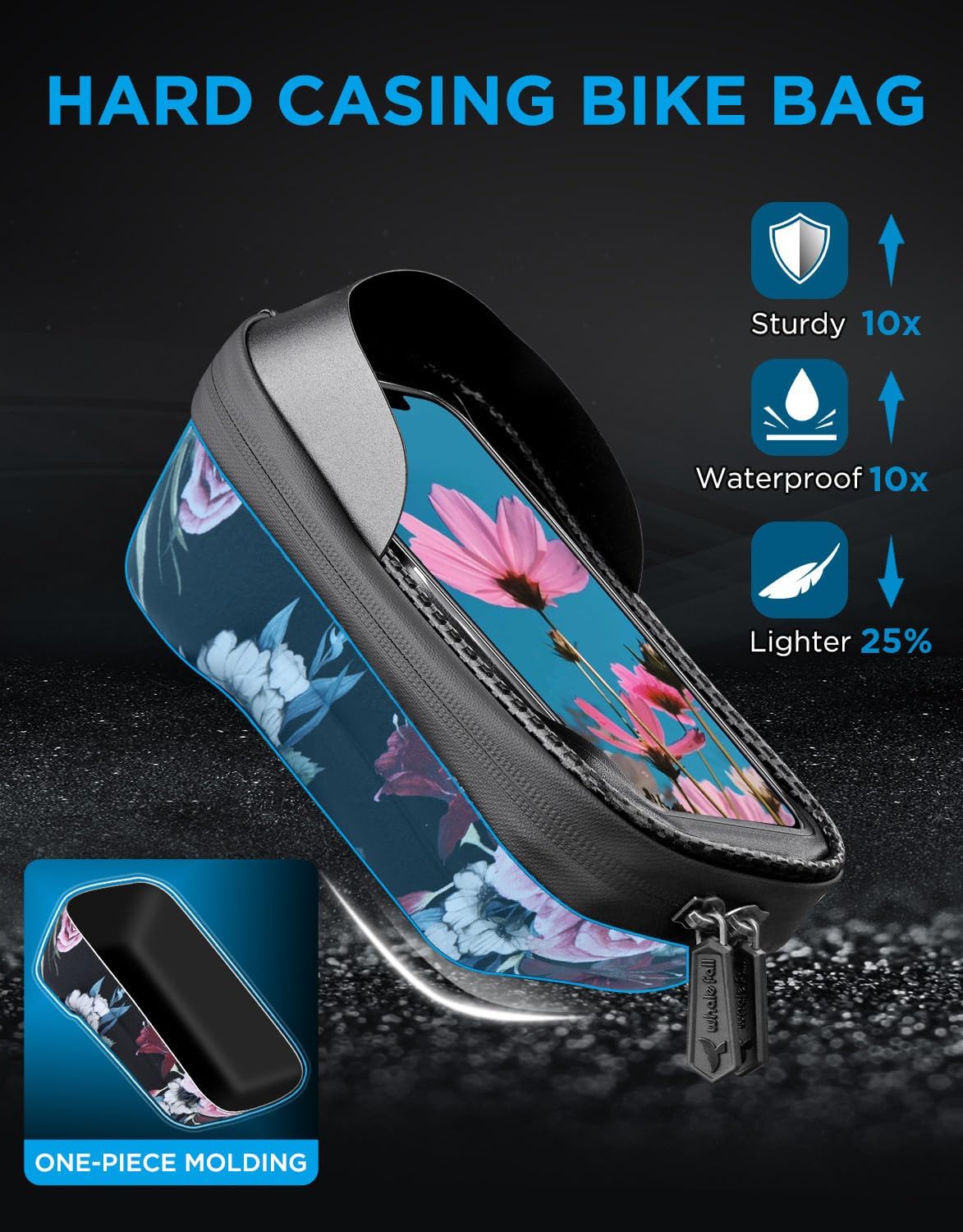 whale fall Hard Casing Floral Bike Bag, Never Deform/Waterproof, Bike Phone Mount with 0.25mm Sensitive TPU Touch-Screen, with Rain Cover for Phones under 6.9''
