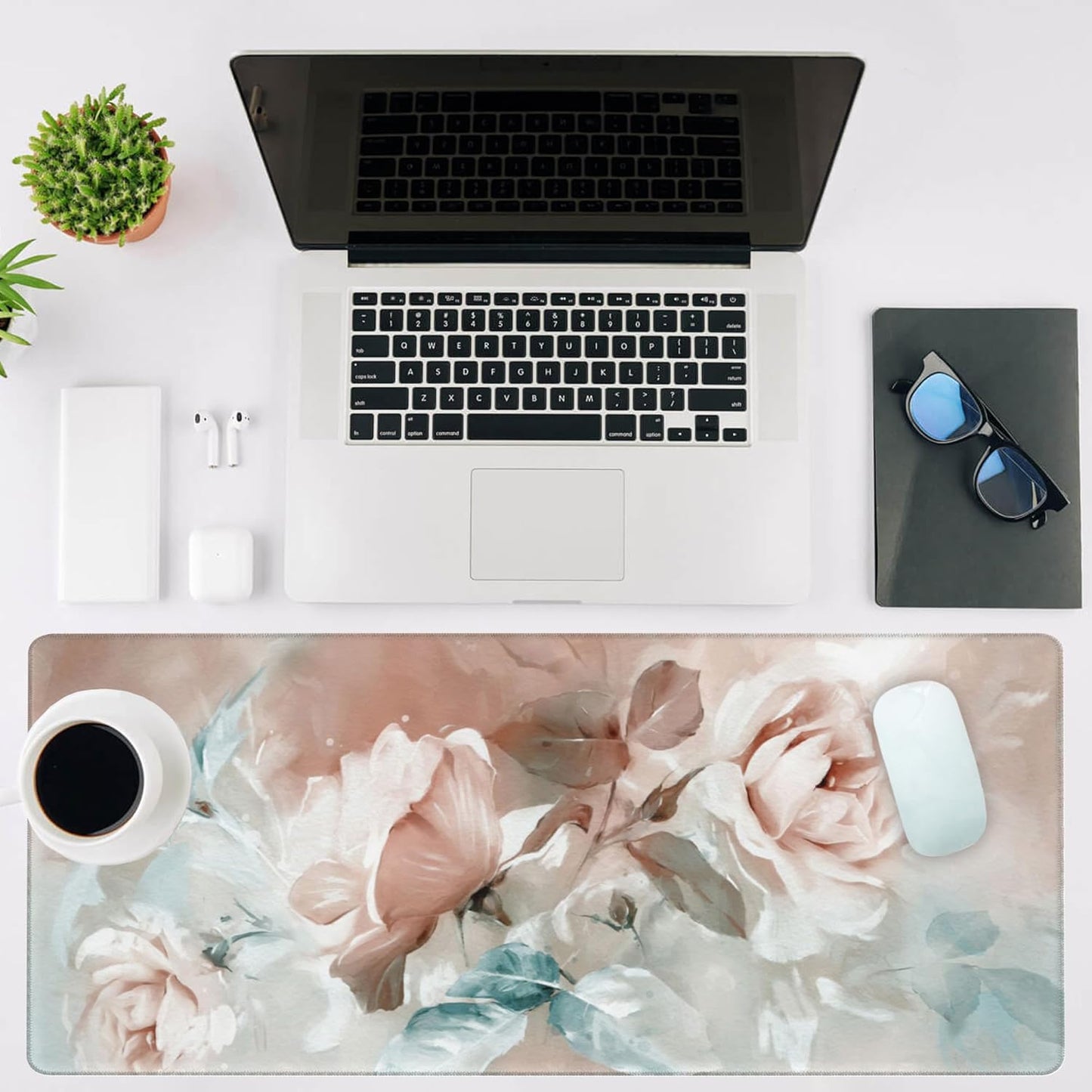 Mouse Pad Large Rose and Leaves Non-Slip Game Desk Mat with Stitched Edge Laptop Keyboard Desk Pad for Work Home Gaming (35.4 x 15.7 Inches)