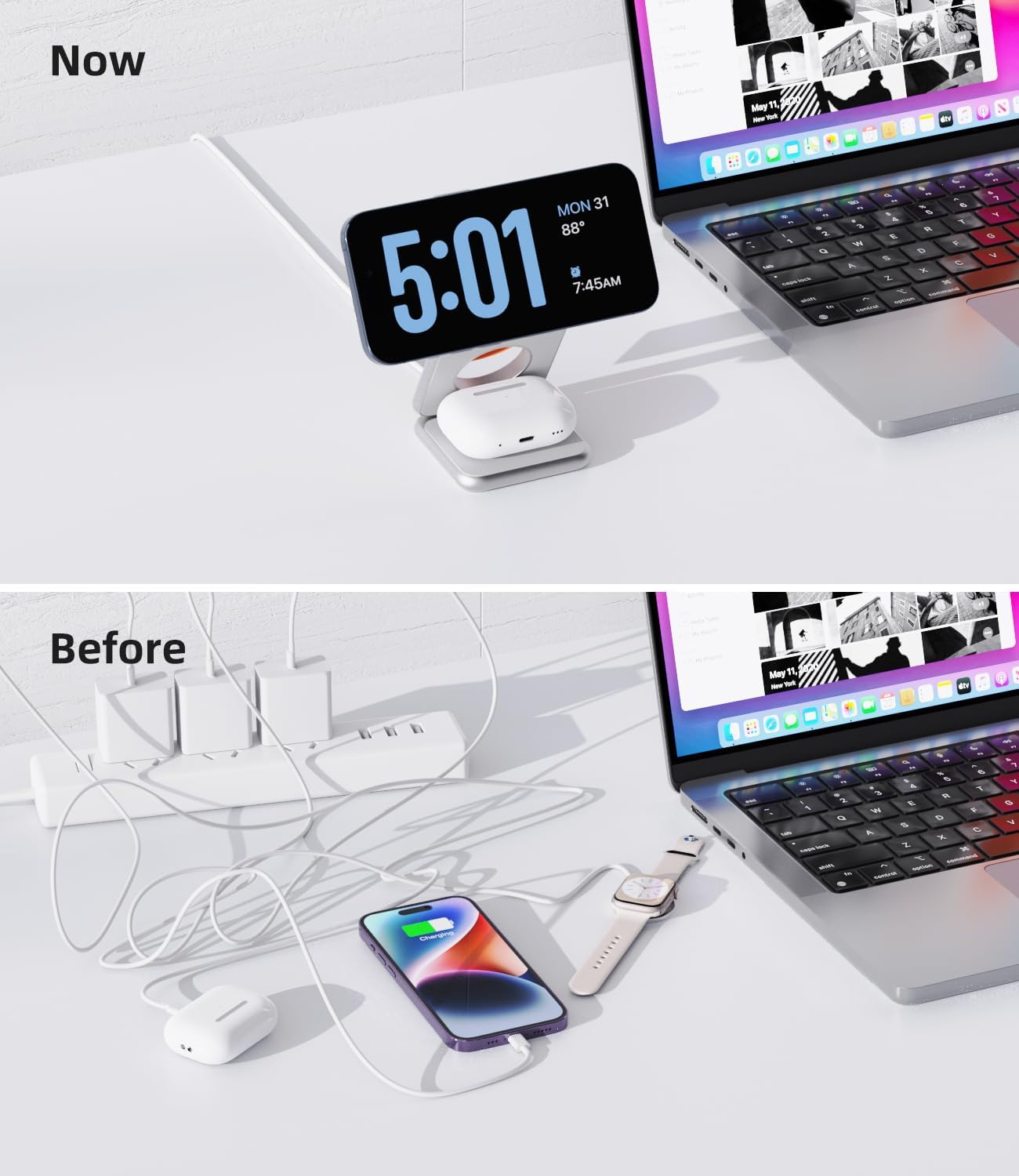 Foldable Magnetic Wireless Charger, KU XIU X40 Aluminum Alloy 3-in-1 Charging Station for Apple, Fast Charging Travel Charger for iPhone 16 15 14 13 12Series, 5W Apple Watch 1-10/Ultra, AirPods,Silver