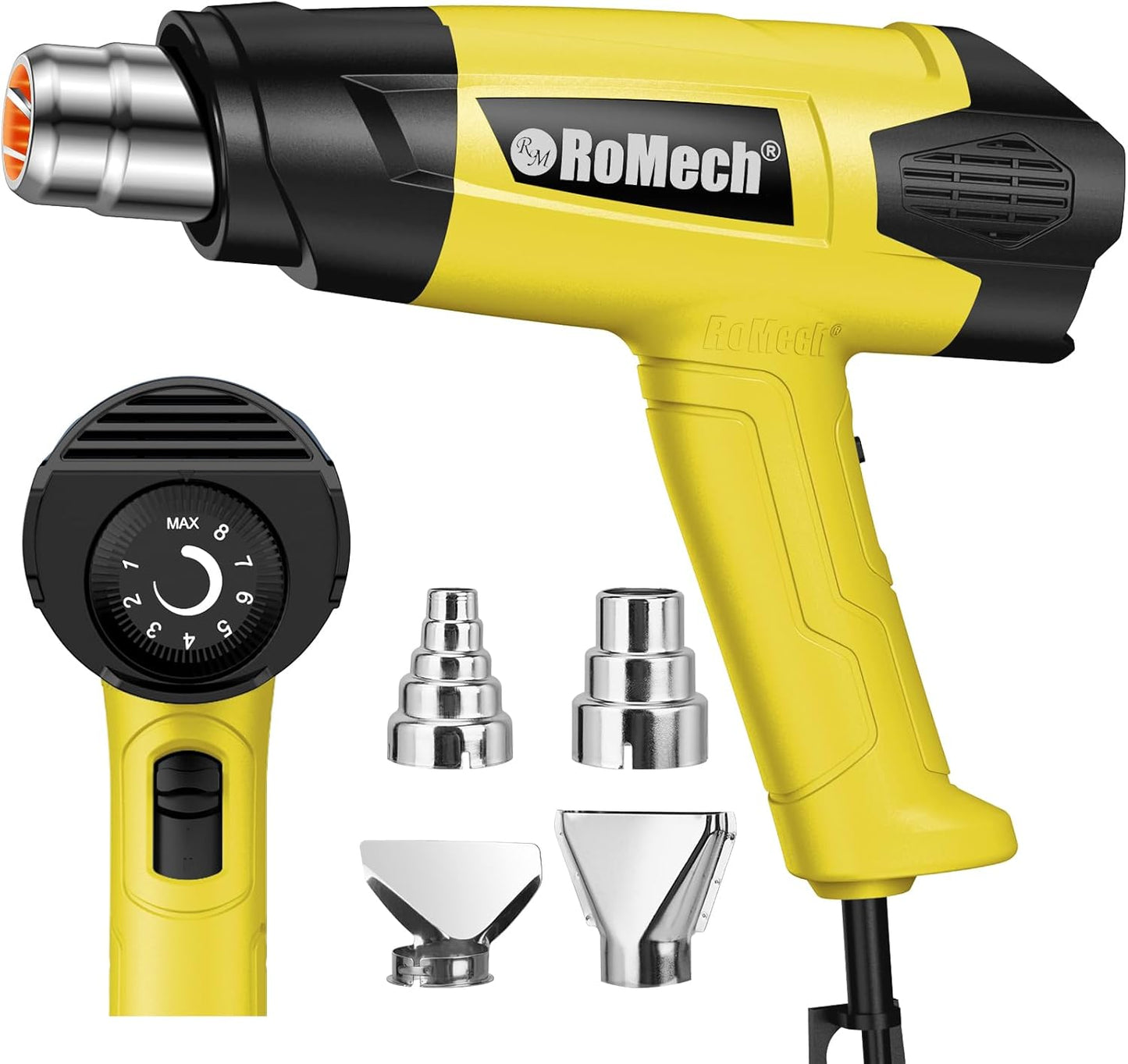 ROMECH 1500W Heavy Duty Heat Gun, Variable Temperature Control Hot Air Gun Kit with 2 Air Flow 120°F~1200°F and 4 Nozzles for Crafts Shrink Wrap (Yellow)