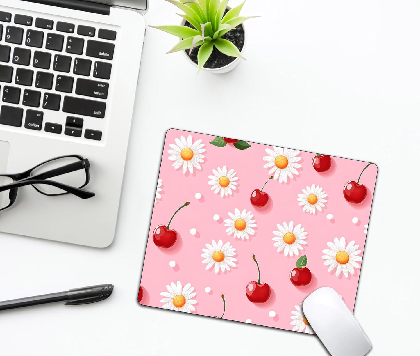 Pink Daisy Cherry Mouse Pads for Desk, Portable Wireless Computer Mouse pad Small Design with Women, Non-Slip Rubber Base Laptop Mousepad 9.5" x 7.9" Smooth Surface for Office & Travel