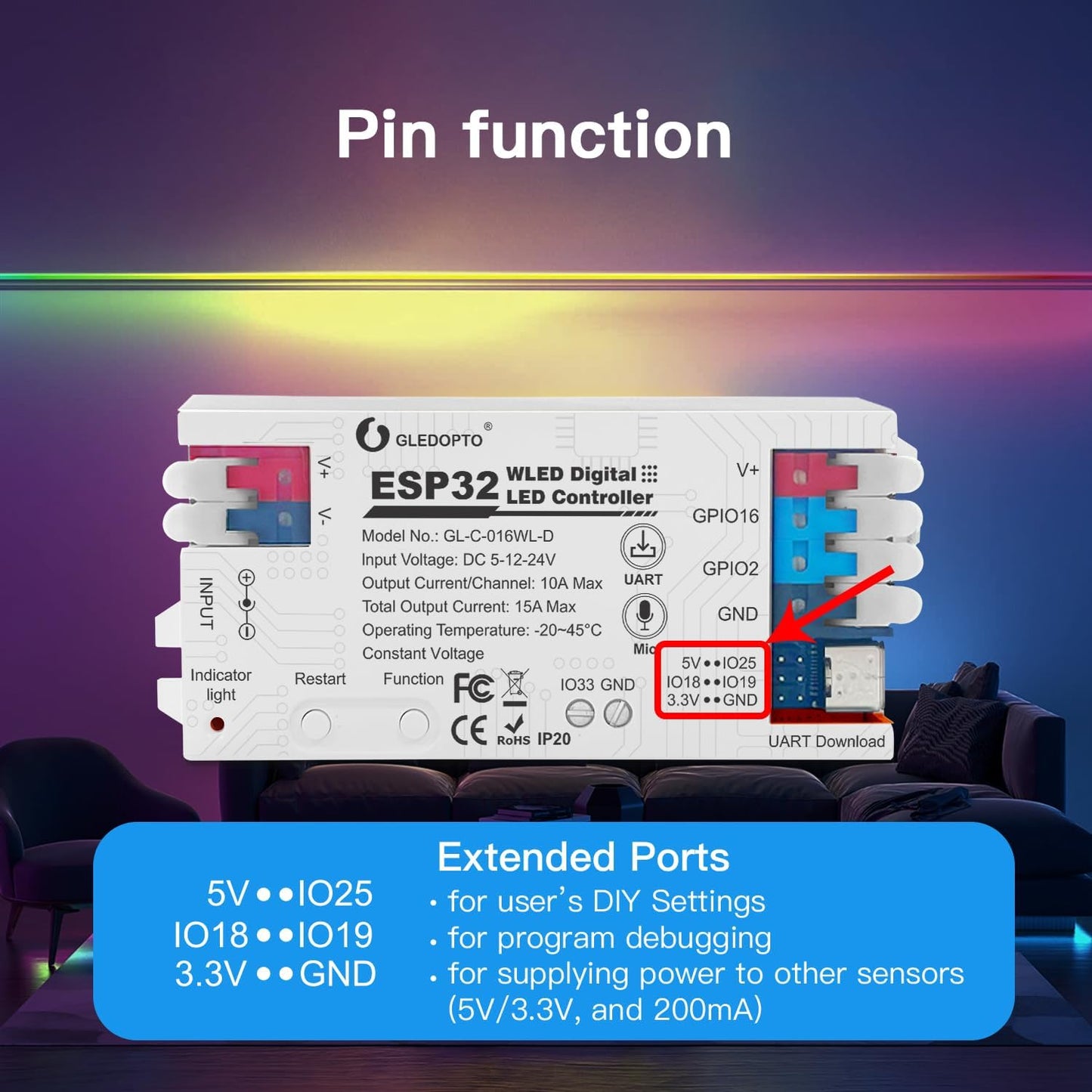 ESP32 WLED LED Strip Light Controller 15A Fuse Music Mic DIY Dynamic Lighting UART USB-C Download Energy Save Relay App Control RGB IC Addressable Digital WS2811 WS2812 SK6812 TM1814 WS2813 WS2815 etc