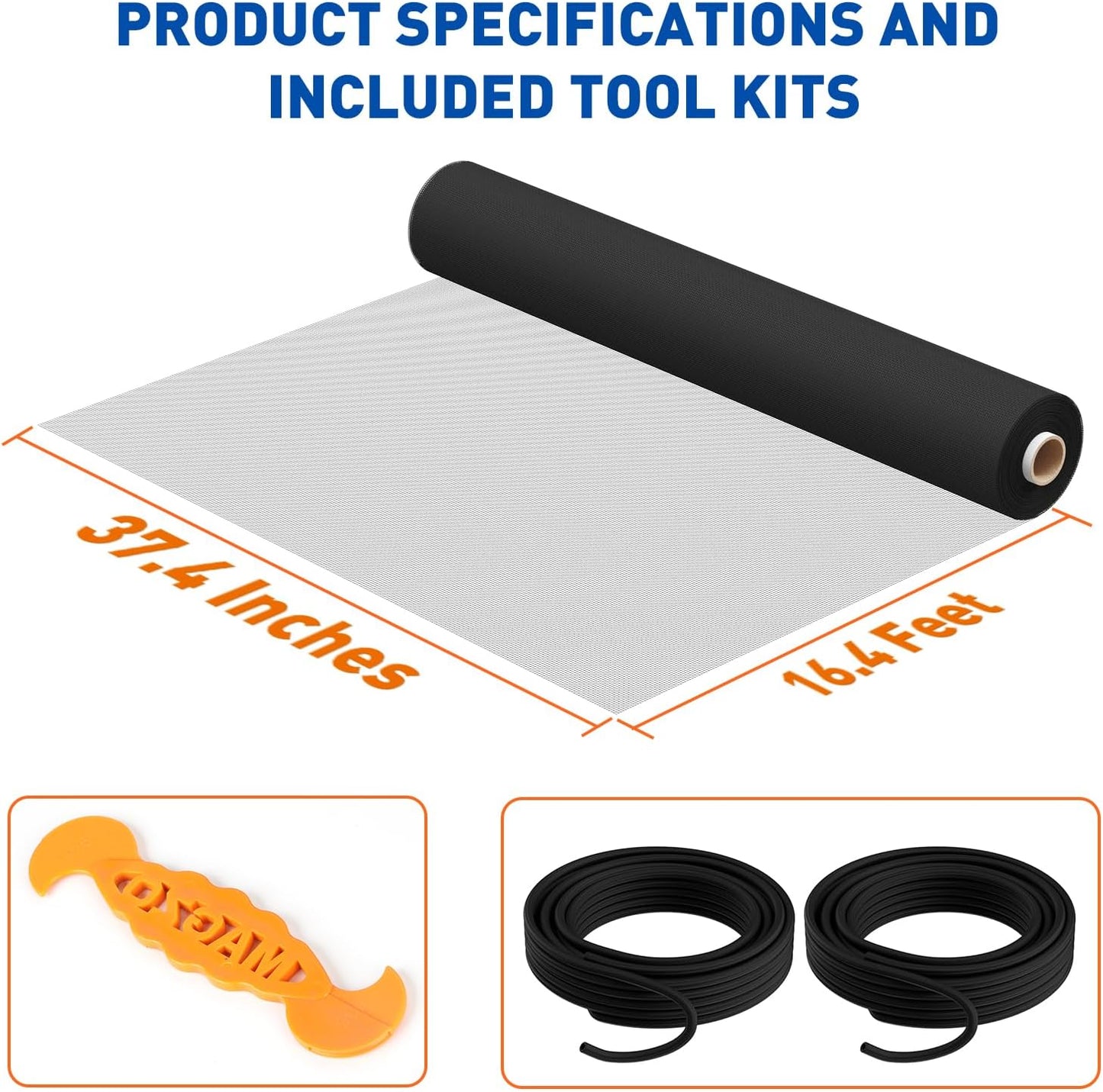 MAGZO Window Screen Replacement Mesh Roll, 37.4in × 16.4ft Upgraded 0.17mm WD High-Visibility Screen 20x20 Mesh for Porch Doors Repair Kit, Well-Ventilated Heavy Duty Woven for Garden, Patio