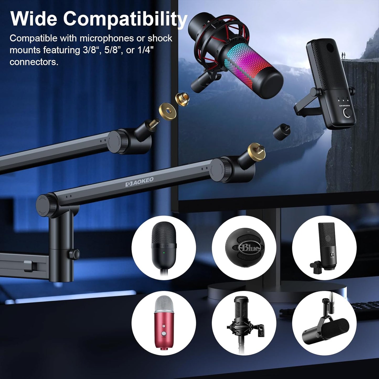 Microphone Arm,Aokeo AK-58 Desk Low Profile Adjustable Mic Boom Arm Stand,Suitable For Blue Yeti,Snowball iCE, HyperX QuadCast,SoloCast,Elgato Wave,Etc
