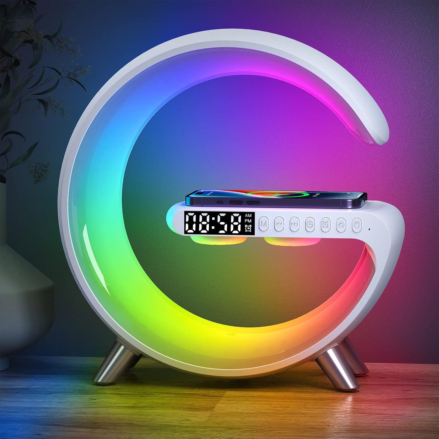 Smart Table Lamp with 4-in-1 Wireless Charger, Night Light, Bluetooth Speaker, Alarm Clock, App Control, Office, Bedroom, Home Decor (White)