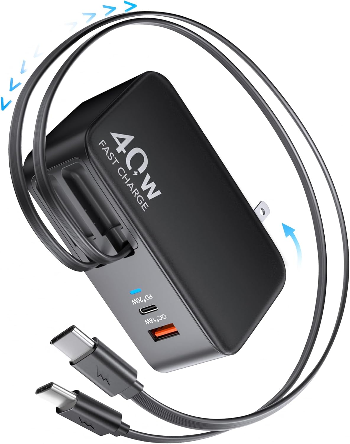 Retractable USB C Charger Wall Plug with Dual 35.5in/90cm Type C Cables Cords,40W Fast Charging Foldable Block Multi Charger for All Devices for iPhone 16/15/14/13/12/11,iPad,Galaxy,Pixel
