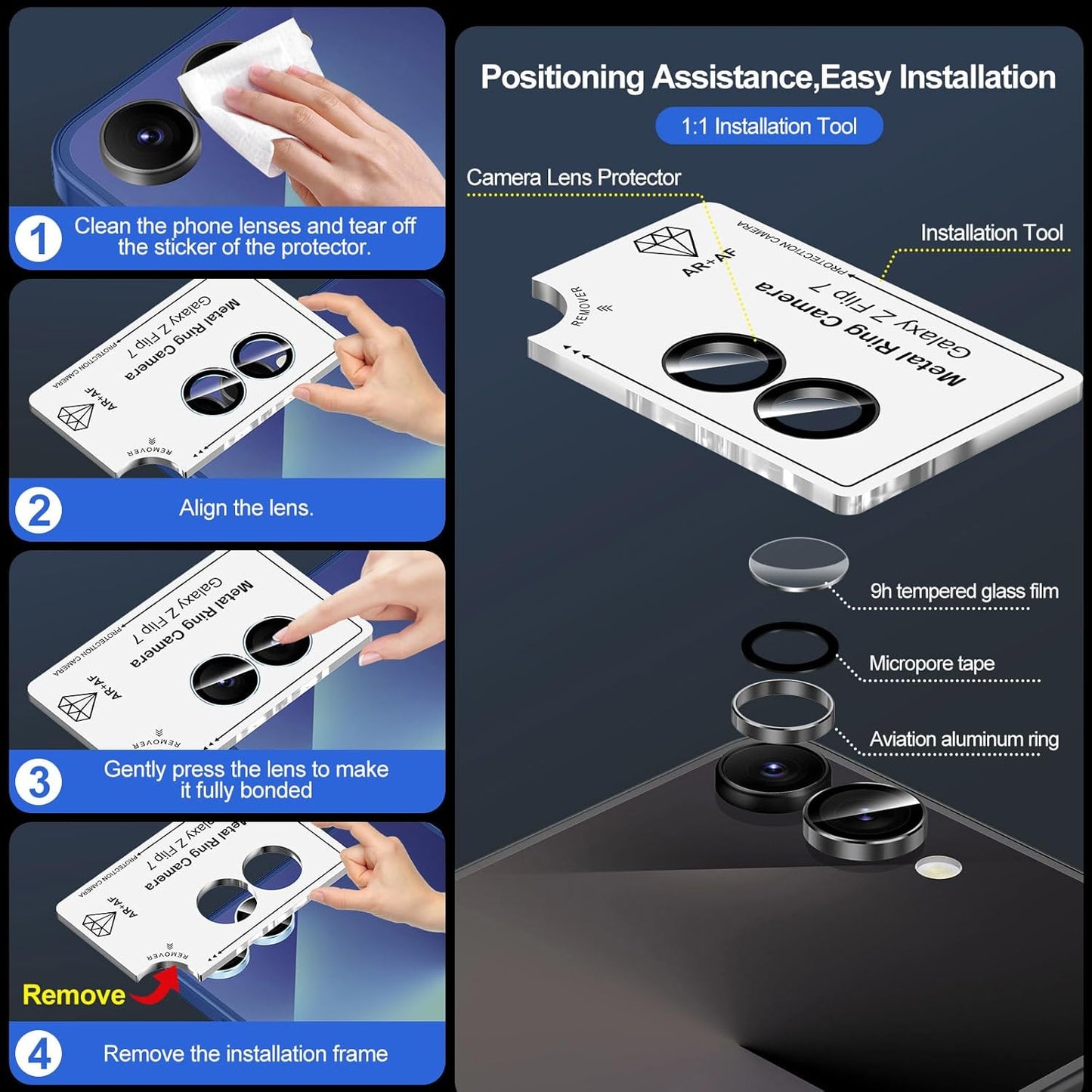 for Samsung Galaxy Z Flip 7 Camera Lens Protector, Individual Metal Ring Tempered Glass Lens Cover, [Strong Adsorption] Scratch Resistant Ultra-Thin HD Clear Lens Cover, 1 Set-Black Ring