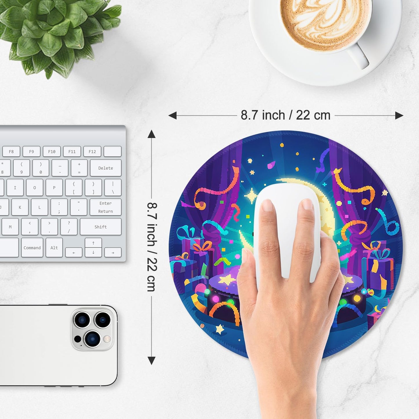 ITNRSIIET Mouse Pad Non-Slip Rubber Base Smooth Surface Stitched Edges Waterproof Durable Compatible with All Mice for Office & Gaming, Desk Accessory, Diameter 8.7 inch, PixelPartyCat