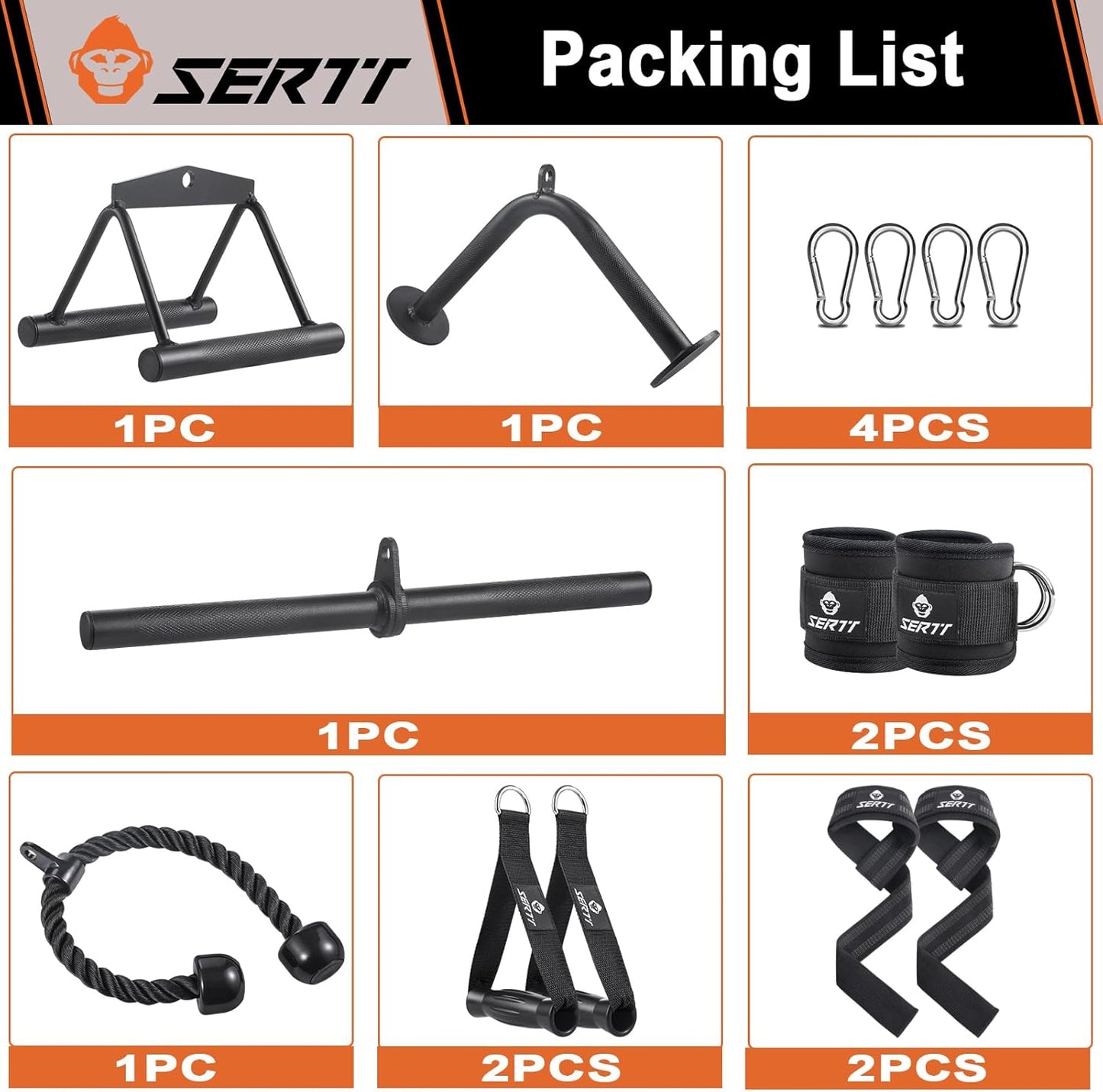 SERTT Workout Cable Machine Attachment for Home Gym, LAT Pulldown Attachments, Cable Accessories for Weight Training, Straight Pull Down Bar, Tricep Rope, Double D Row Handle, V-Shaped Bar