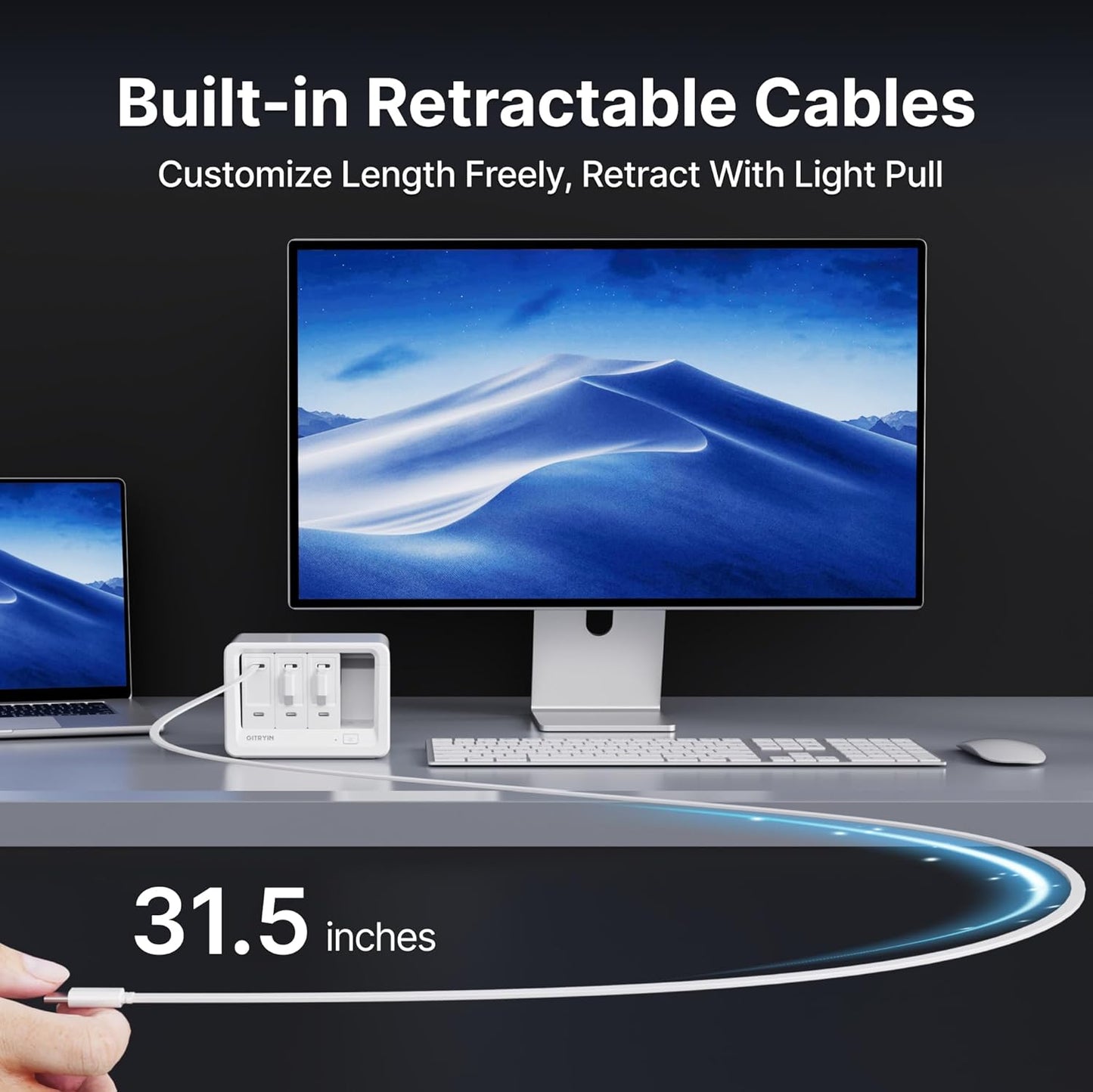 11-in-1 Desktop Charging Station with 3 Retractable Wall Chargers, 40W USB-C Power Strip with 5 AC, 3 USB C, 3 Type-C 31.5in Cables, Extension Cord with 1020J Surge Protection for Home Office