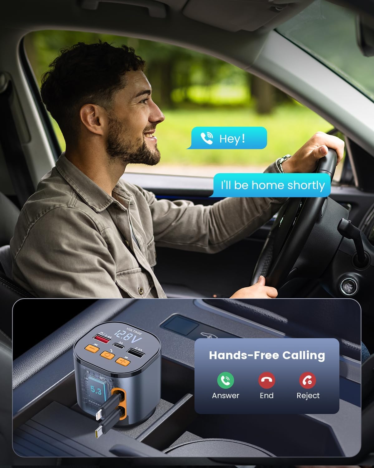 [2025 Upgraded] 81W Retractable PD Car Charger with Bluetooth 5.3, FM Transmitter, Hands-Free Calling, MP3 Player, USB & LED Display – USB-C Bluetooth Adapter for All Phones