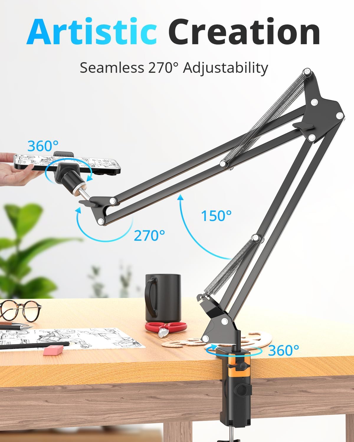 UBeesize Overhead Phone Mount Flexible Webcam Arm with Phone Holder and Ball Head Overhead Tripod for Phone Drawing Live Streaming Cooking Flat Photography