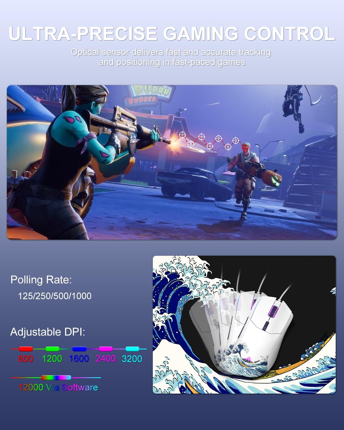 COSTOM Womier G705 USB Wired Gaming Mouse for PC Computer Windows Mac Laptop, Lightweight Silent RGB Backlit Mouse with Adjustable 12000DPI/7 Programmable Side Buttons,White Kanagawa Theme