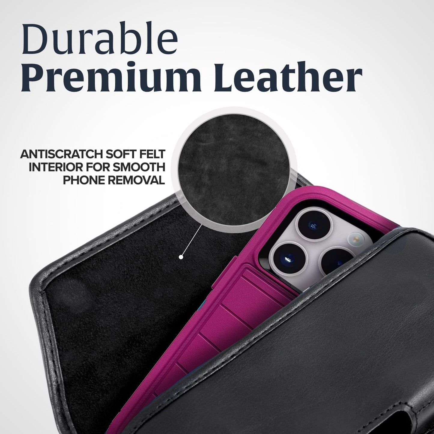 Turtleback Belt Clip for iPhone 16 Pro Max, 15 Pro Max, 14 Pro Max -Large- Fits w/Defender Bulky Style Cases, Premium Black Leather, Horizontal Belt Holder, Magnetic Closure, HD Rotating Clip