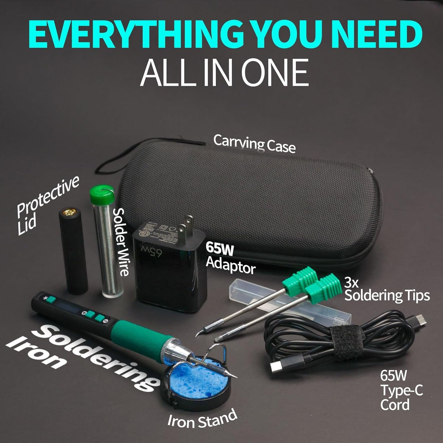 YIHUA 928D-IV Soldering Iron Pen Kit DC 65W Support PD QC, Type C Portable Soldering Station with 3 Tips, Solder Wire, Protective Cap