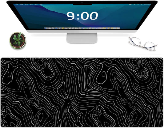 Gaming Mouse Mat Forest Background Pattern XXL XL Large Mouse Mat Long Extended Mouse Pad Desk Mat Non-Slip Rubber Mice Pads Stitched Edges Thin Pad (Topographic Map Balck)