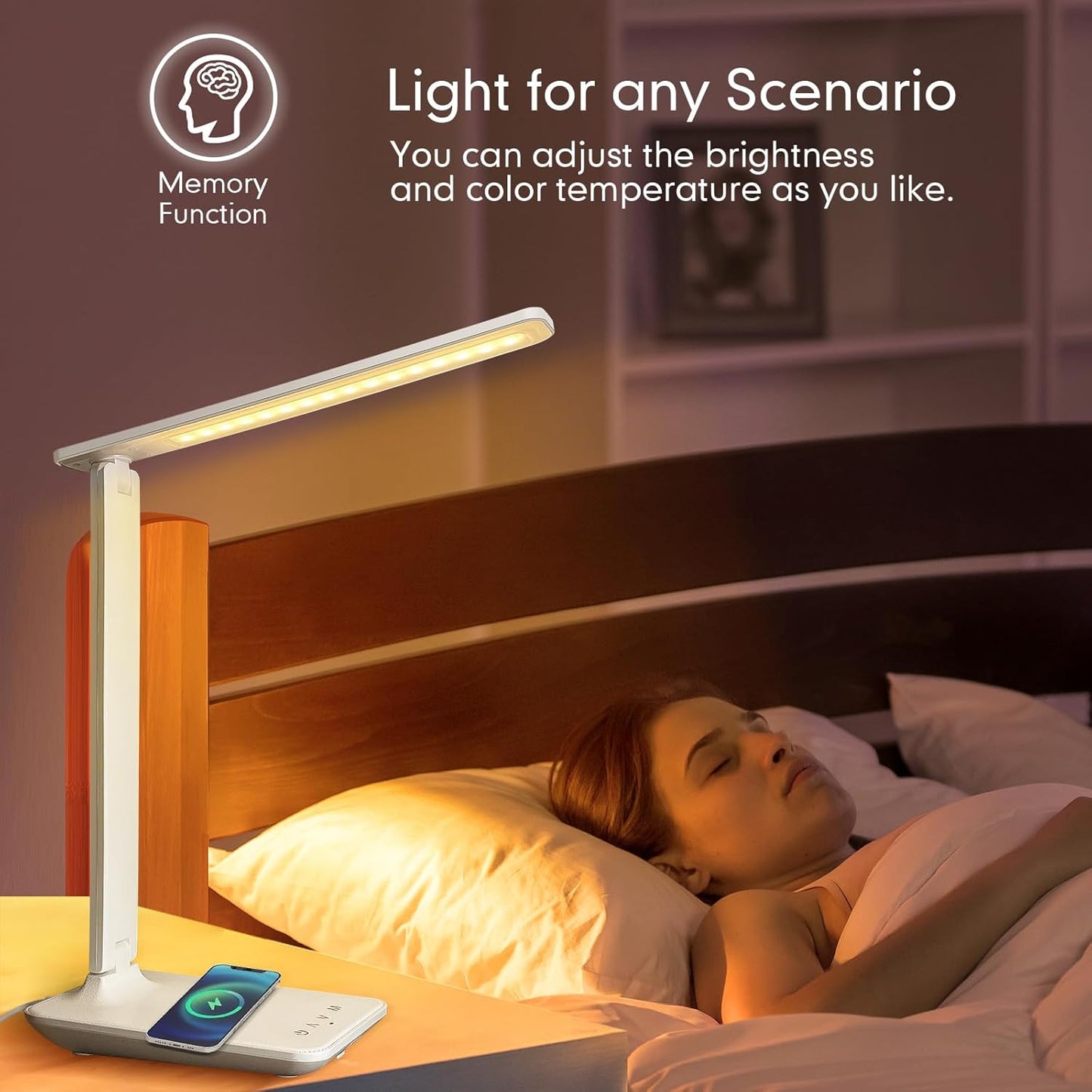 White crown LED Desk Lamp with 15W Wireless Charger & USB Port, Dimmable Table Lamp with 5 Lighting Modes, Sensitive Touch Control, Foldable & Portable Desk Light for Home, Office, Bedroom, Reading