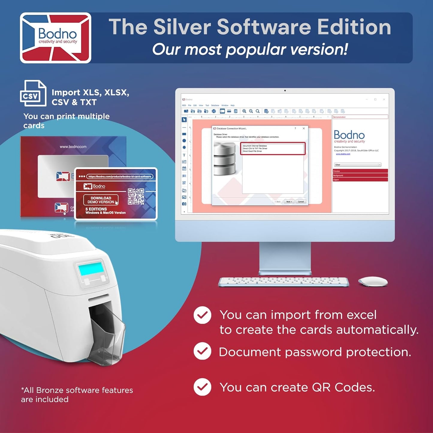 Bodno Magicard 300 Dual Sided ID Card Printer & Complete Supplies Package ID Software - Silver Edition