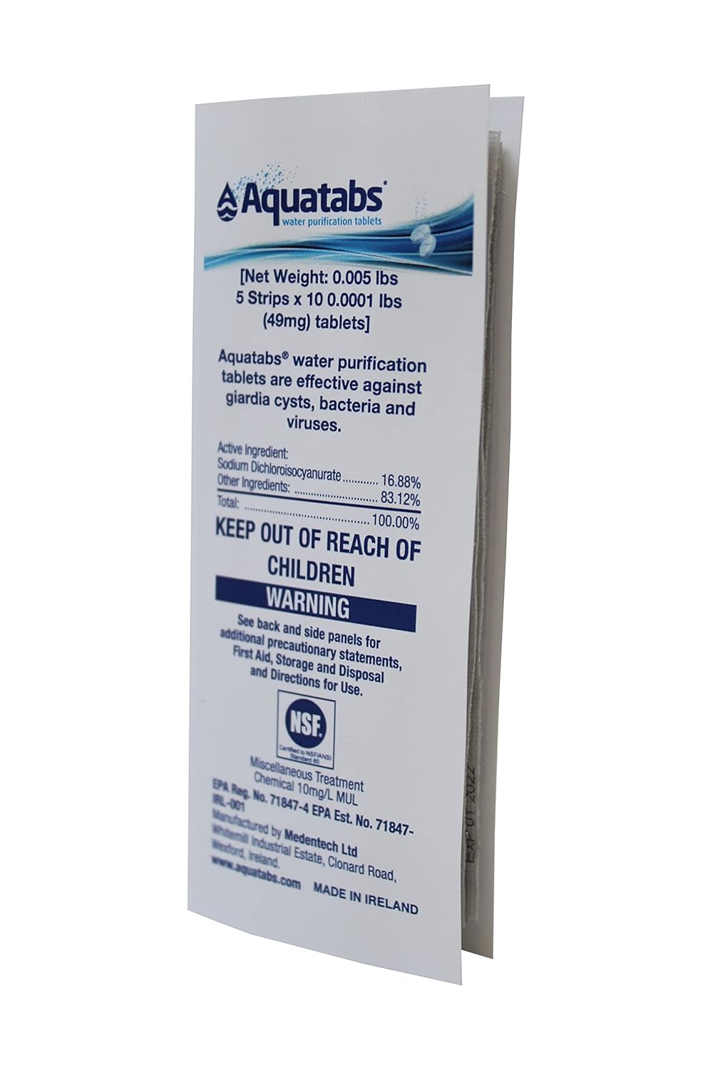 Aquatabs 49mg Water Purification Tablets (50 Pack). Water Filtration System for Hiking, Backpacking, Camping, Emergencies, Survival, and Home-Use. Easy to Use Treatment and Disinfection.