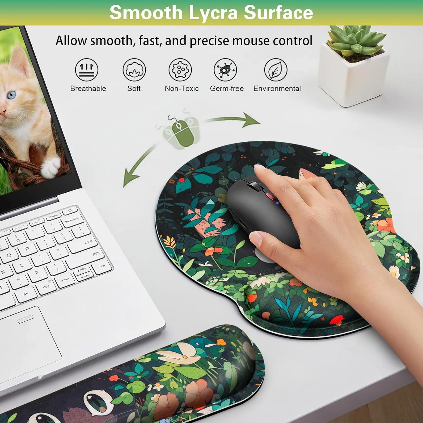 Ergonomic Keyboard Wrist Rest, Mouse Pad with Wrist Rest Anime, Cat Gaming Mousepad with Wrist Support, Memory Foam Wrist Rest Set for Computer Keyboard, Funny Cute Office Desk Accessories