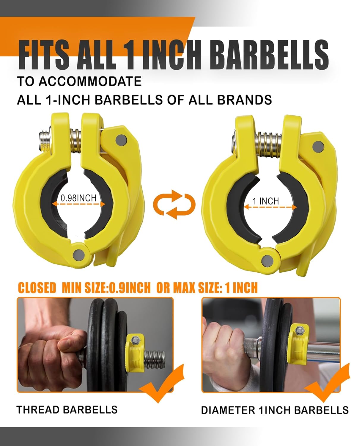 MAXRICH T Barbell Clamp 1 inch Multiple Sizes & Adjustable Weight Clips for Barbell Quick Release Barbell Clips|Barbell Collar Bar Locks for Weight Lifting (Yellow)