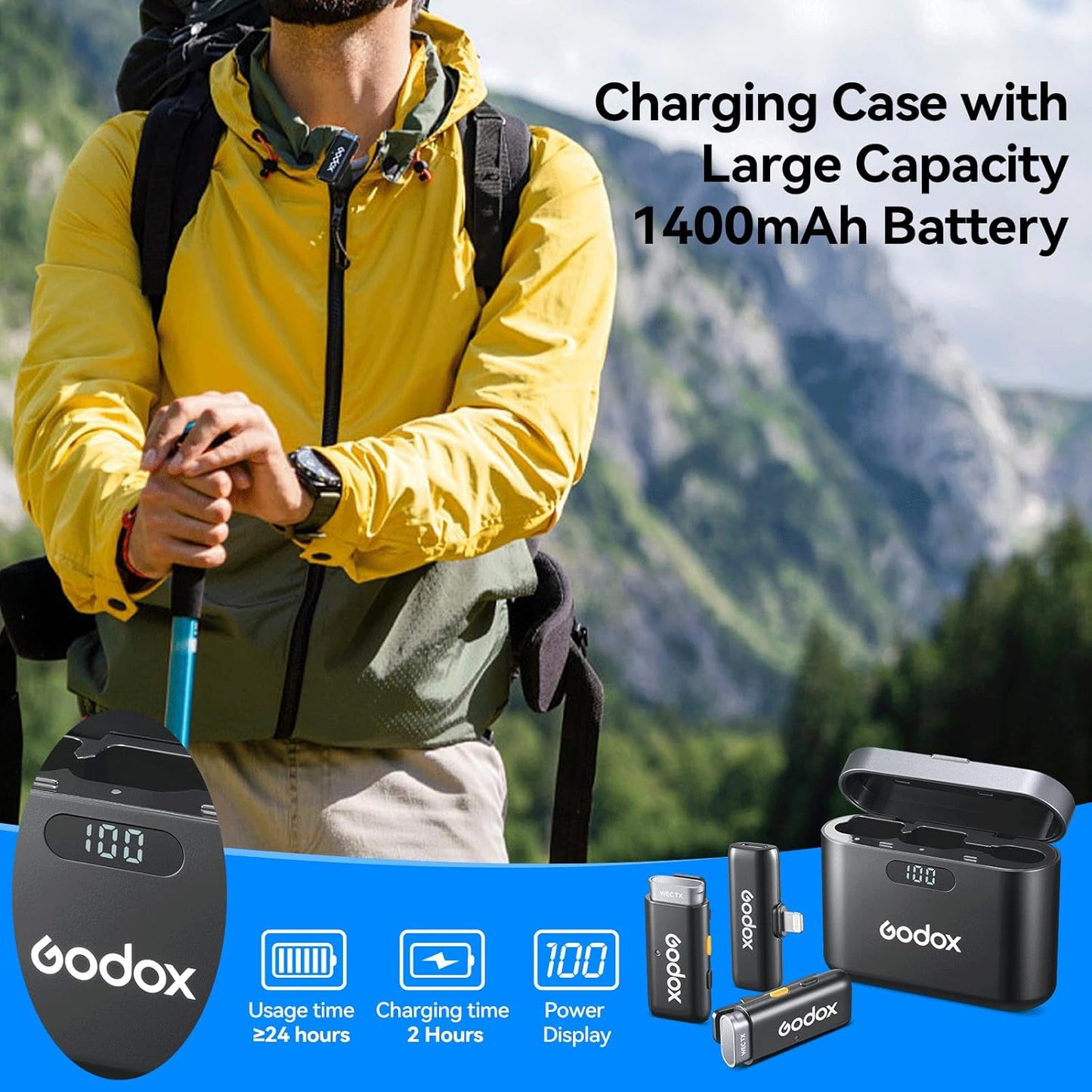 GODOX Wireless Lavalier Microphone with Noise Cancellation,200m/656ft,for iPhone 14/13/12/11 Camera YouTube TikTok,(2 TX + 1 RX + Charging Case)WES1-Kit2 Wireless Laval Mic with Battery Level Display