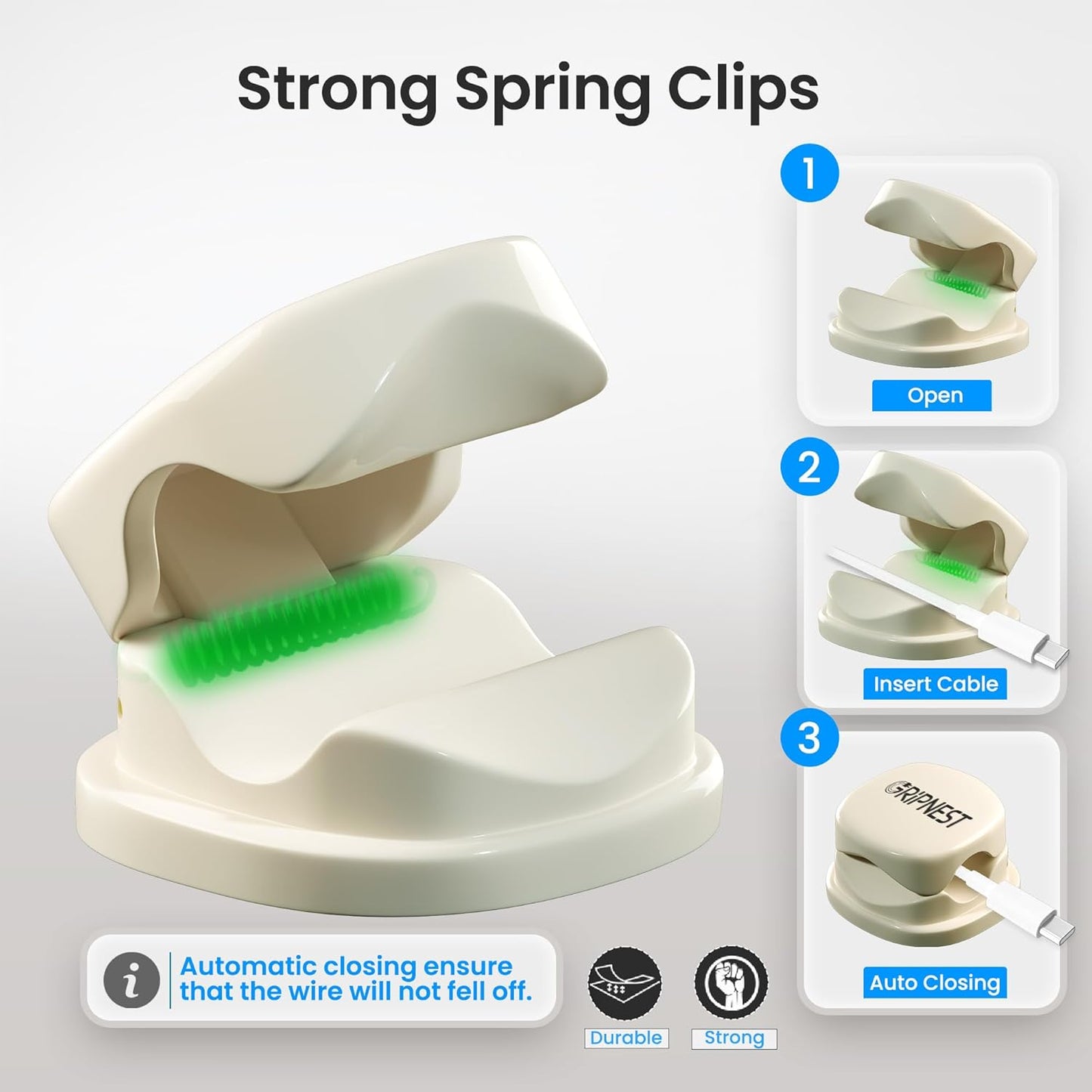 8 Pack Adhesive Cable Clips White Spring Loaded Cord Holders for Nightstand, Desk, Wall, Car, or Bedside Ideal Charging Cable Organizer for Home or Office Setup