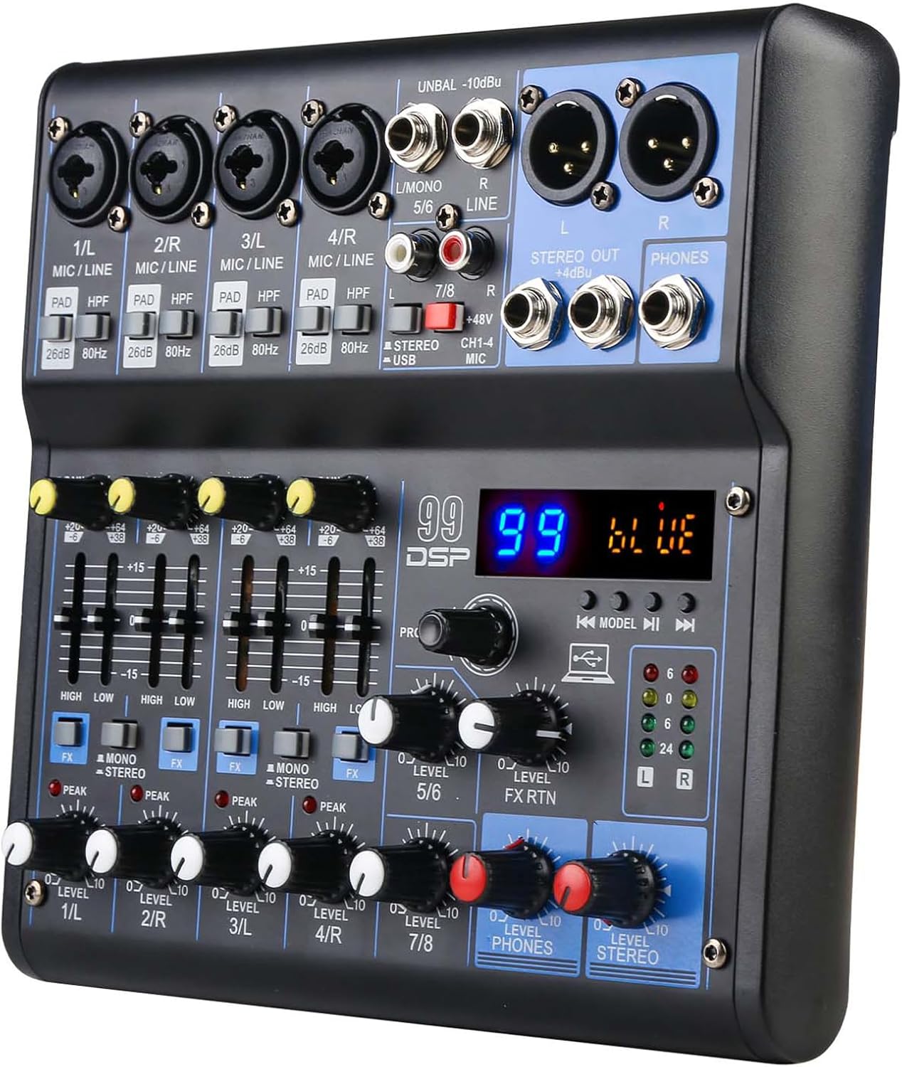 Dj Mixers 8 Channel Audio Mixer Sound Board with Bluetooth, Usb Audio Interface with Sound Card Recording and 48V Phantom Power Sounds Mixer Board with 99 DSP FX Reverb Delay Effect for Streaming