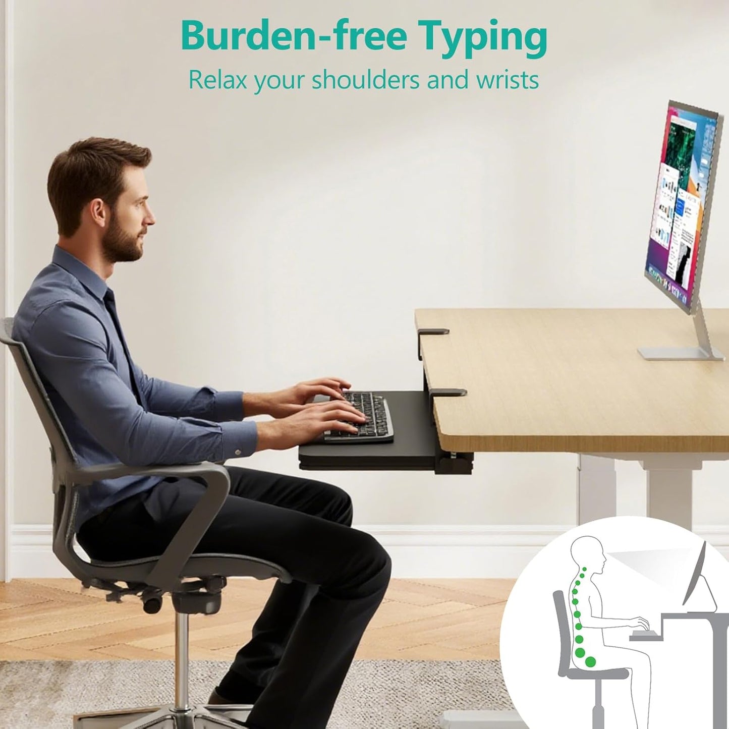 WALI Keyboard Tray Under Desk, Pull-Out Keyboard & Mouse Tray with 45° Adjustable C-Clamp, Ergonomic Platform Computer Drawer for L Shaped & Flat Desk 26.4" x 11.8" (KBT001-B), Black