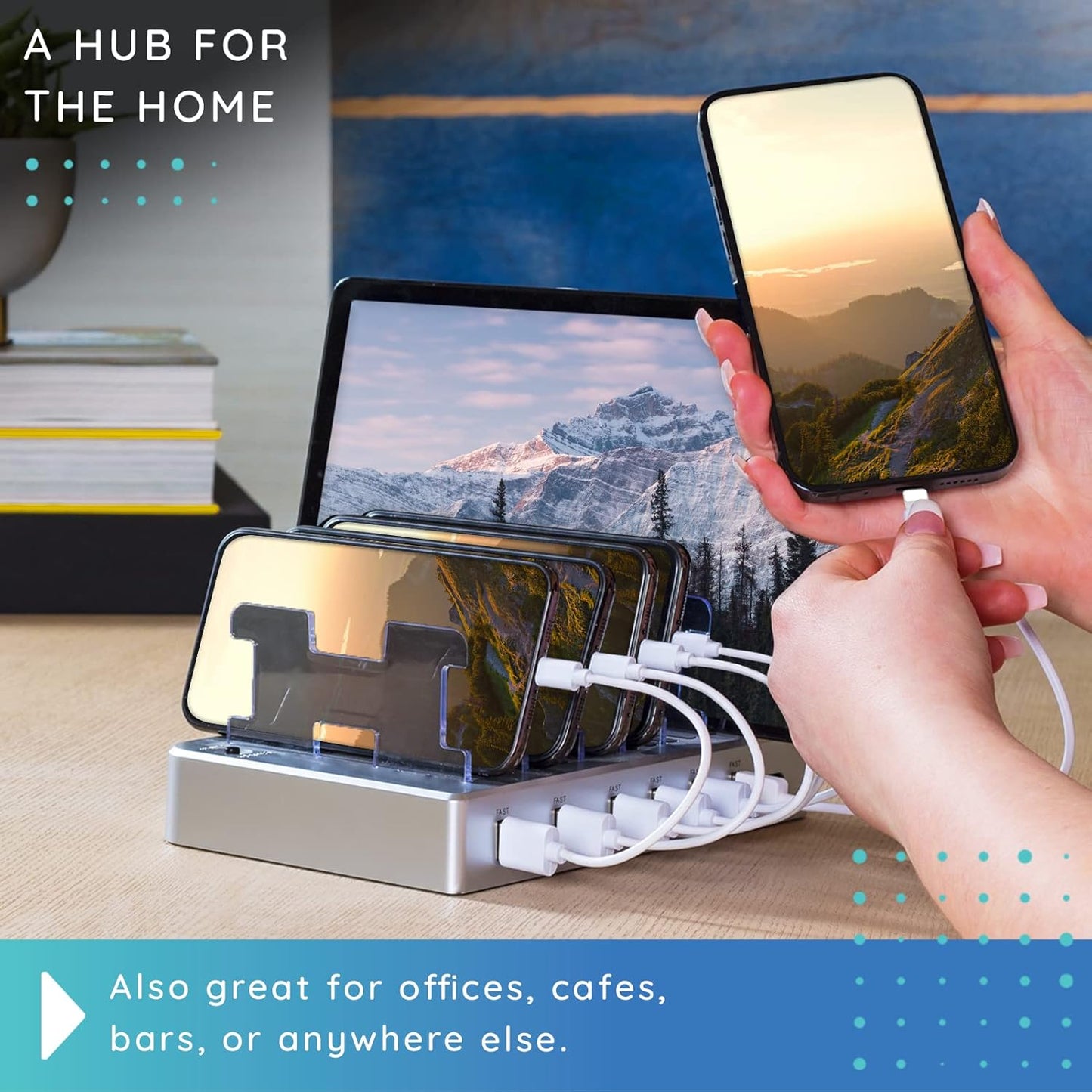 Charging Station for Multiple Devices, with 6 USB Fast Ports, Compatible with Cell Phones, Smart Phones, Tablets, and Other Electronics (Silver)