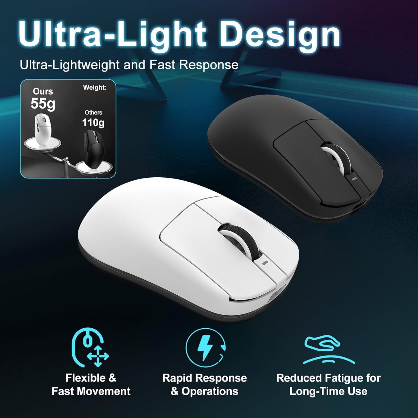 R1 SE+ Wireless Gaming Mouse, 18000 DPI, High-Precision PAW3395 SE Sensor,55g Lightweight,Three Connection Modes Mouse, Programmable Ergonomic Mice Suitable for Laptops/PC/Mac (White)