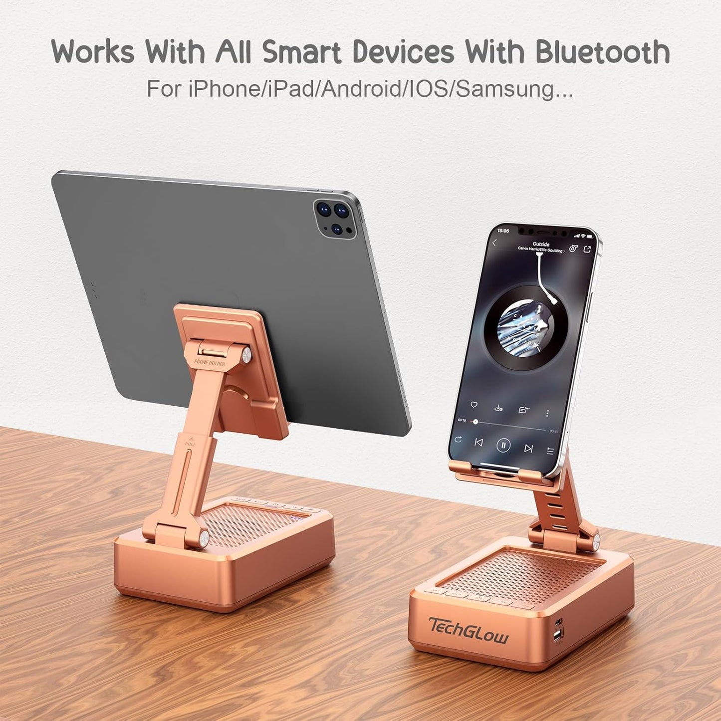 TechGlow Gifts for Men Women Foldable Cellphone Stand with Bluetooth Speaker and Power Bank Birthday Gift Idea for Mom Dad Cool Gadget Tech Gifts-Rose Gold
