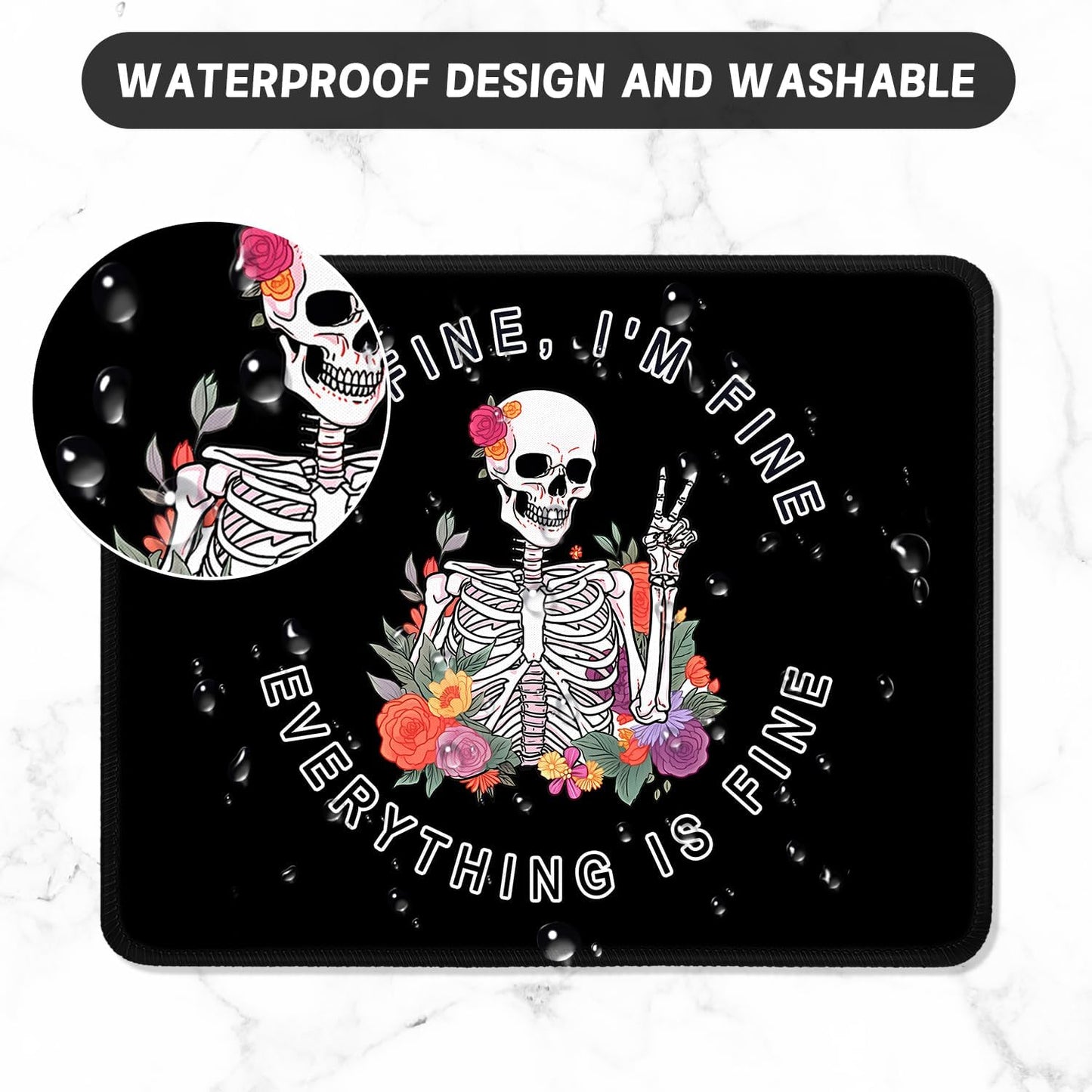 ITNRSIIET Mouse Pad with Stitched Edge Premium Textured Smooth Precise Operation Waterproof Washable Non-Slip Rubber Base Desktop Protection Mat, 10.2×8.3×0.12 inches, Flower Skull