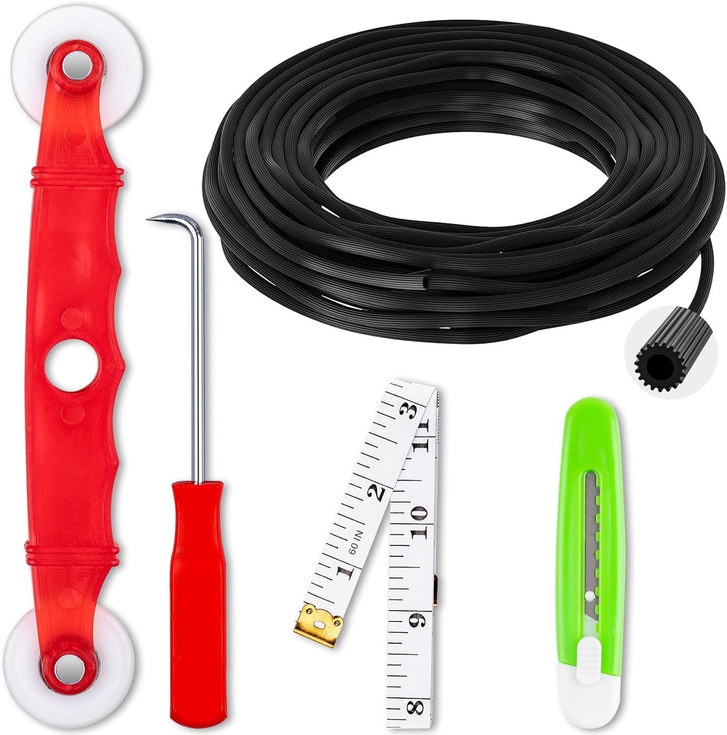 Window Screen Repair Kit, Screen Door Repair Kit, 0.14"X100' Screen Spline for Window Screen, 5 in 1 Screen Replacement Kit, Screen Roller Tool Round Retainer Spline Removal Hook Ruler Cutter