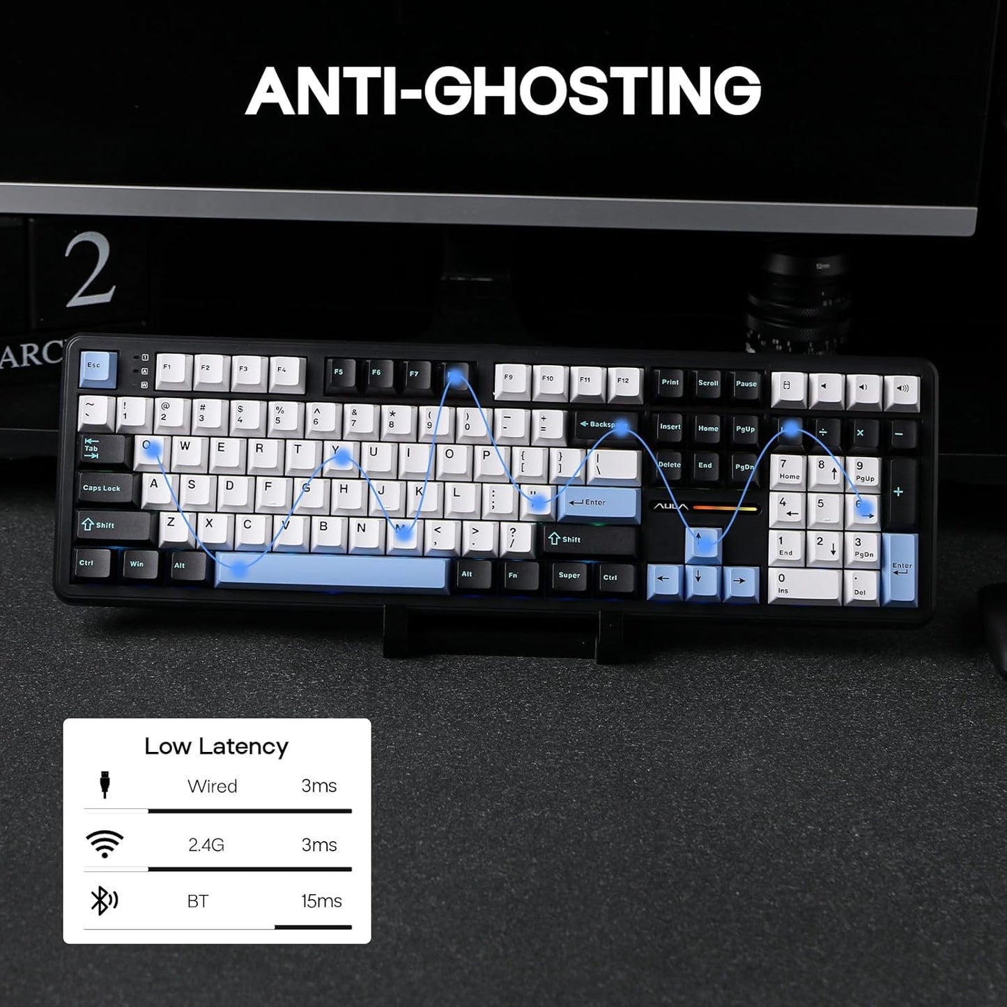 EPOMAKER Aula F108 Wireless Gaming Keyboard, Full Size Mechanical Keyboard with 4000mAh Battery, 108 Hot-Swappable and Programmable Keys, RGB Backlight, for Mac/PC/Android (Blue&White&Black)