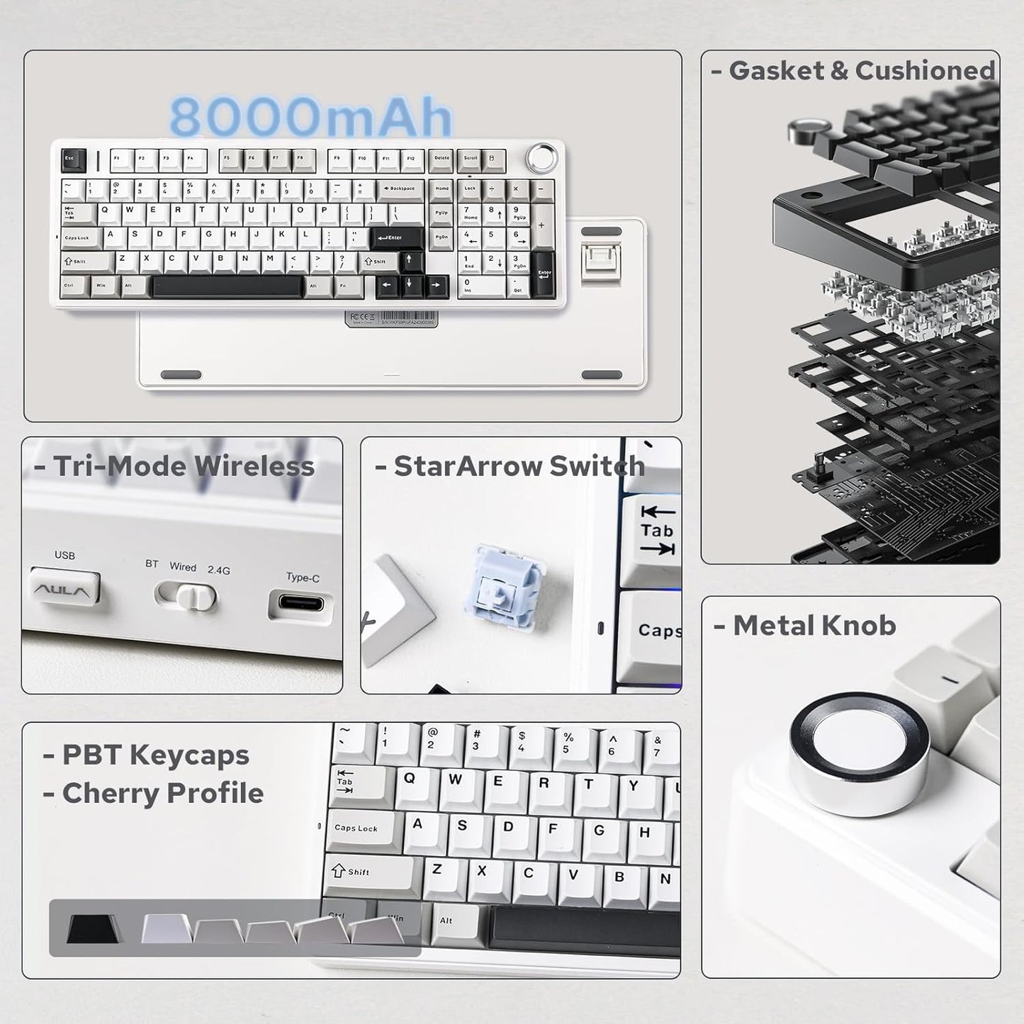 EPOMAKER X Aula F99 PRO Wireless Gaming Keyboard with 8000mAh Battery, Hot Swappable Creamy Keyboard, 2.4GHz/Type-C/BT5.0, NKRO, RGB Backlit for Win/Mac/Gaming (Black&Grey&White)