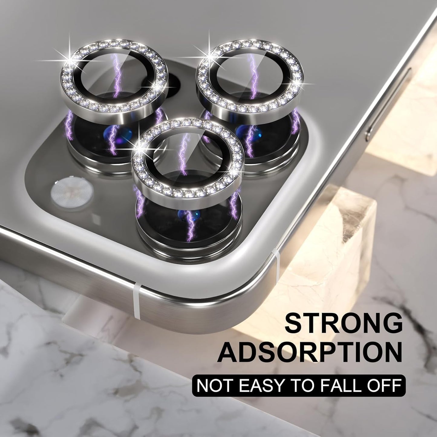 Choiche Compatible for iPhone 16 Pro/iPhone 16 Pro Max Camera Lens Protector Bling, 9H Tempered Glass Camera Cover Screen Protector Metal Ring Decoration Accessories (Diamond-Titanium Natural)