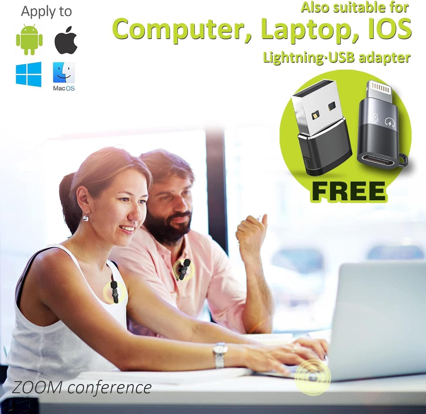 Wireless Mics, Wireless Clip on Microphones, Lapel Microphone A2d One Pair Two, for Android Phone, iPhone 15, Laptop, Video Recording