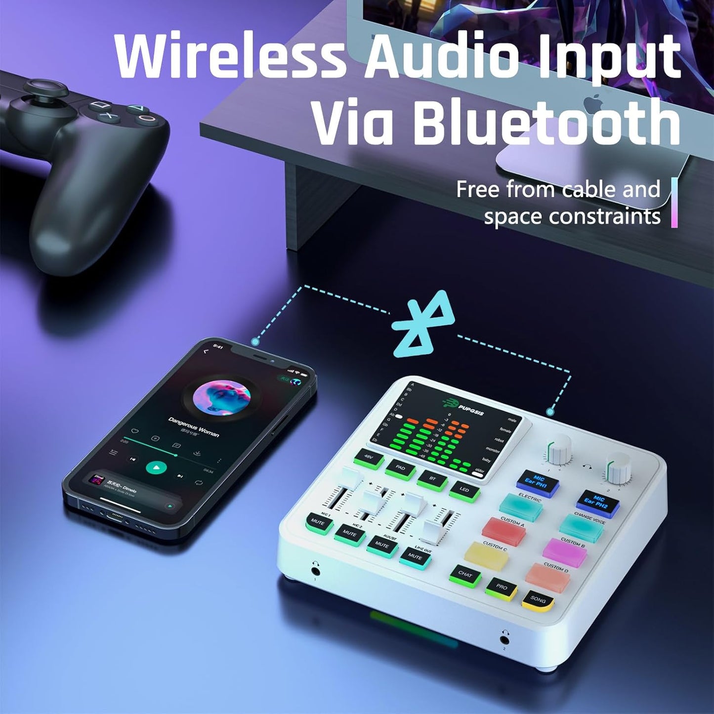 PUPGSIS qwe Gaming Audio Mixer, Audio Interface for PC/Podcast/Streaming, Sound Board with 3.5mm/XLR Mic Input, 48V Phantom Power, Voice Changer, Live Sound Card with DJ Mixer Effects(White)