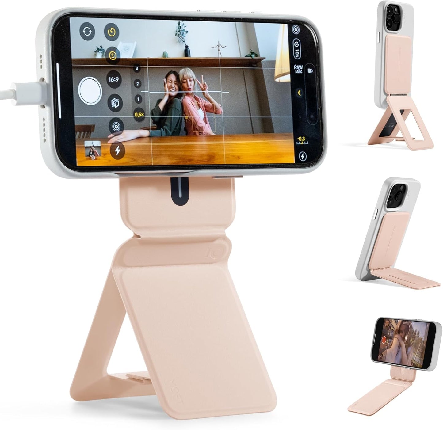 MOFT Phone Tripod Stand Selfie Stick for iPhone, Multi-Angles iPhone Stand, Lightweight & Portable Phone Holder, Strong Magnets, MOVAS Vegan Leather, Travel Essentials, Peach Pink (Without Card Slot)