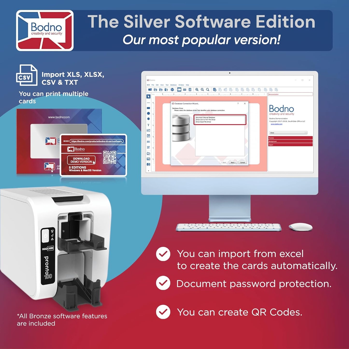 Bodno Magicard Pronto 100 ID Card Printer & Complete Supplies Package ID Software - Silver Edition