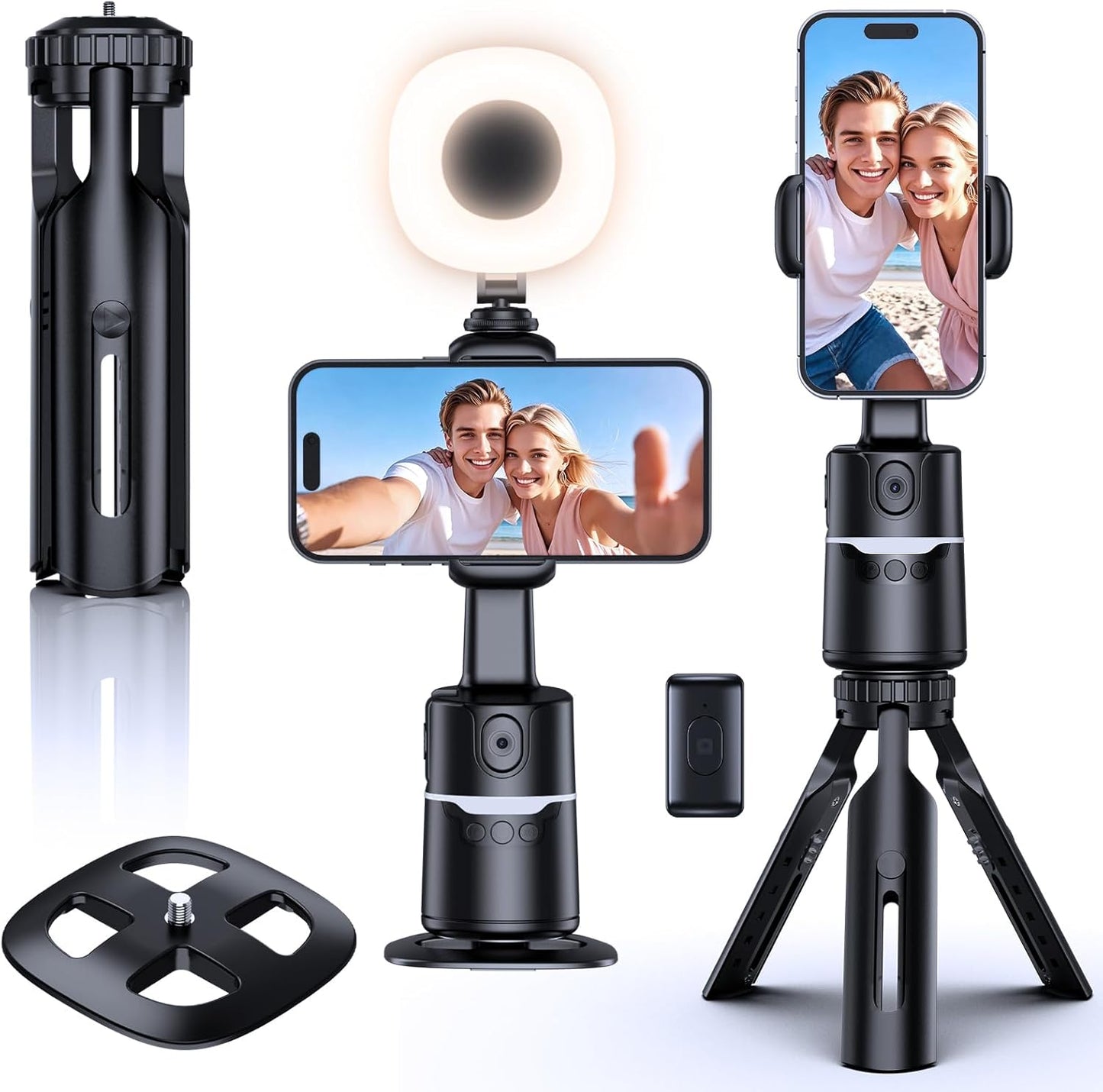 UBeesize Auto Face Tracking Tripod with Adjustable Desk Tripod, 360° Rotating vlogging kit for iPhone with Remote & Gesture Control, Rechargeable Selfie Fill Light, No App Required