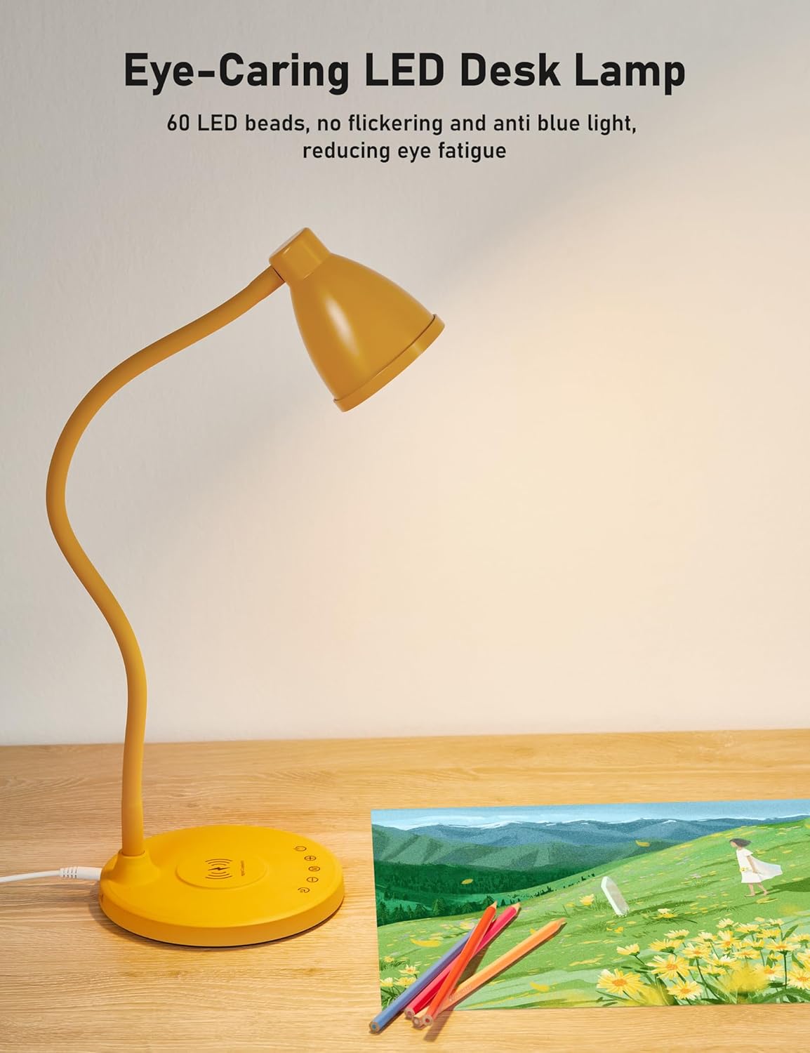 BOHON LED Desk Lamp with USB C+A Charging Ports Wireless Charger, 5 Colors Stepless Dimming Touch Reading Light, Flexible Gooseneck Lamp for Home Office Bedside Table College Dorm Room, Bright Yellow