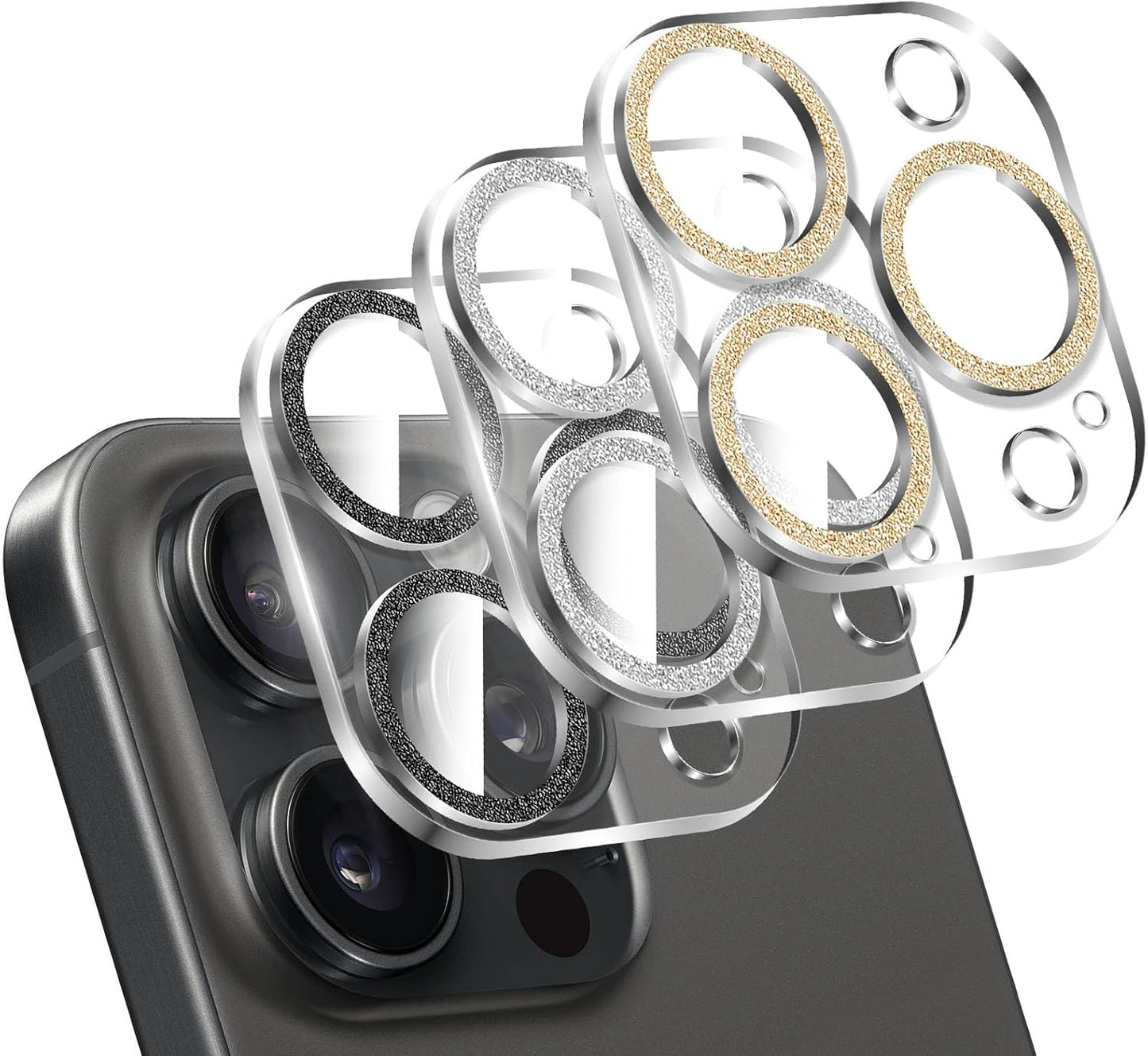 LucBuy 3PCS Sparkling Camera Lens Protector for iPhone 14 Pro/iPhone 14 Pro Max, Full Clear Acrylic Cover with Shiny Colorful Glitter Designed Decoration Back Camera Protector