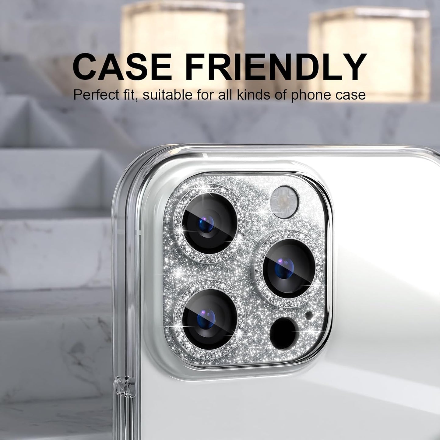 Choiche Compatible for iPhone 16 Pro/iPhone 16 Pro Max Camera Lens Protector, Bling Camera Cover with 9H Tempered Glass Lens Screen Protector Metal Ring Decoration Accessories (Glitter-Silver)