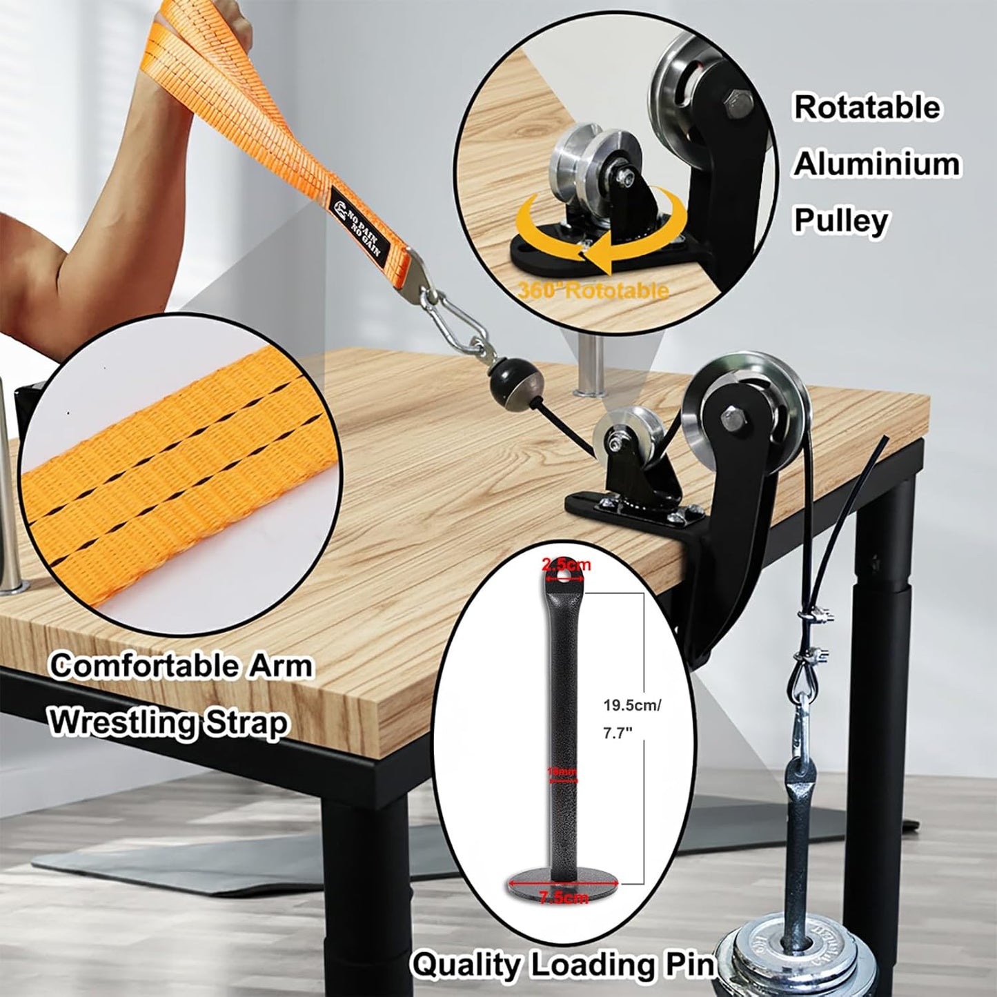 Arm Wrestling Pulley System with Adjustable 1.5m Steel Cable, Dual Aluminum Pulleys, 220lb Capacity, Table Clamp and Loading Pin for 1” & 2” Weight Plates, Wrist Strength Training Equipment