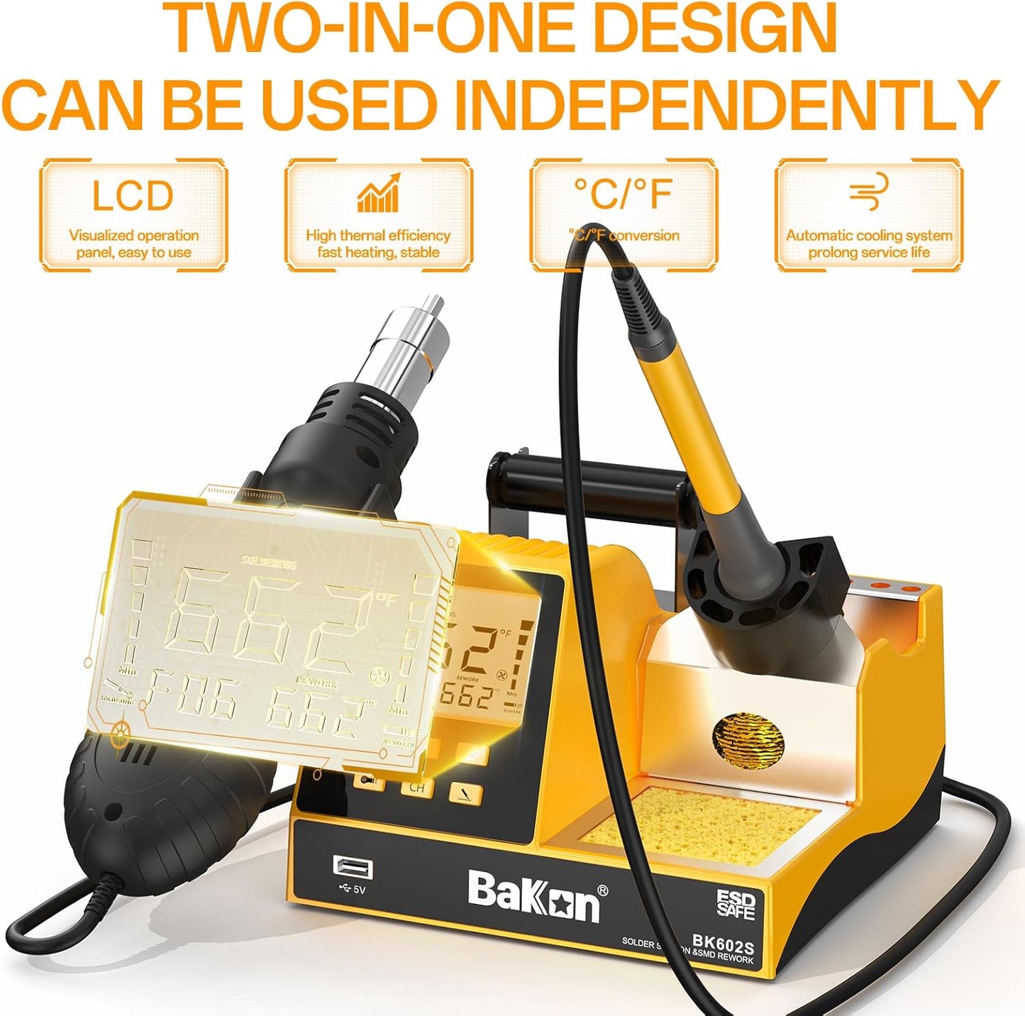 BK602S Soldering Iron & Desoldering Gun 2-In-1 Set, Hot Air Rework Station Diy Soldering Station, Soldering Practice Kit, Auto Sleep, ºC/ºF Conversion, Big Screen Display