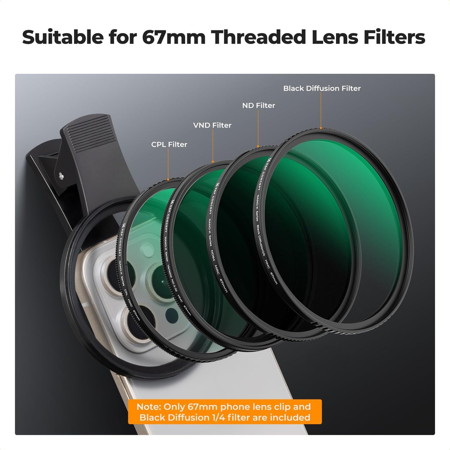 K&F Concept 67mm Clip-on Black Diffusion 1/4 Phone Camera Lens Filter Kit, Mist Cinematic Effect Filter Compatible with iPhone 16 15 14 13 12 11, for Video/Vlog/Portrait Photography
