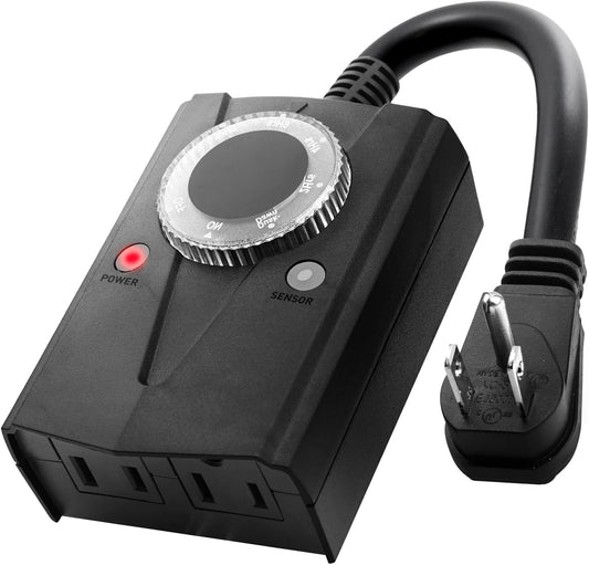 Brightown Outdoor Light Sensor Timer Waterproof, Mechanical Plug in Timer Switch, Outdoor Light Timer for Electrical Outlets, 2 Grounded Electrical Outlets for Christmas String Lights, Lighting Decor